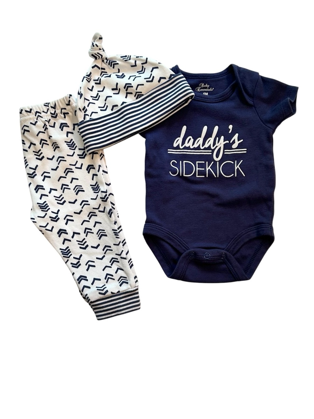 Baby Essentials 6M 3 Piece Set Daddy’s Sidekick Neutral Navy Blue White Coastal